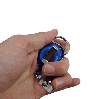 A hand holding a Hard Plastic 3 Card Badge Holder with Badge Reel - Retractable ID Lanyard Features Belt Clip & Carabiner - Rigid Vertical CAC Holder - Top Load Holds Three Cards by SpecialistID.