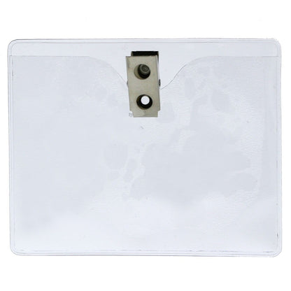 A 4x3 Inch Clear Vinyl Horizontal Badge Holder with Clip (1810-1300) at the top. The front is blank and slightly reflective, perfect for displaying your credentials.