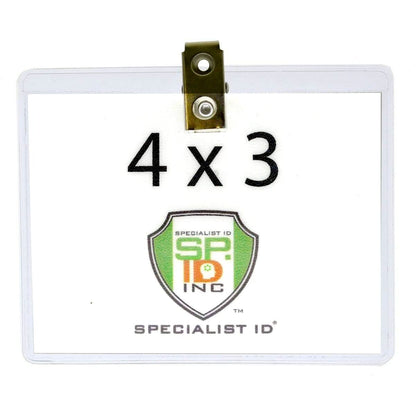 4x3 Inch Clear Vinyl Horizontal Badge Holder with Clip (1810-1300), displaying "4 x 3" above the Specialist ID Inc. logo. This top-load government/military size ID holder ensures your badge remains secure and easily accessible.