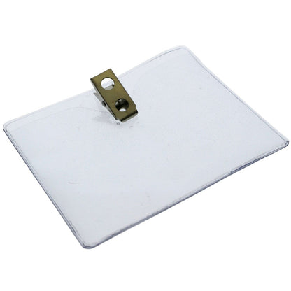A 4x3 Inch Clear Vinyl Horizontal Badge Holder with Clip (1810-1300) features a sturdy metal clip at the top, designed for easy attachment and featuring a 2-hole clip mechanism.