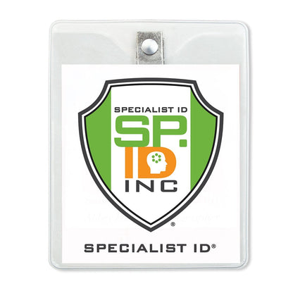 Clear Vinyl Vertical Military Sized Badge Holder with Clip 3 7/8 X 2 3/4 Inch Insert (1810-1400) displaying the logo of Specialist ID, Inc. The logo features a green and orange shield with the initials "SP.ID" inside and the full name below.