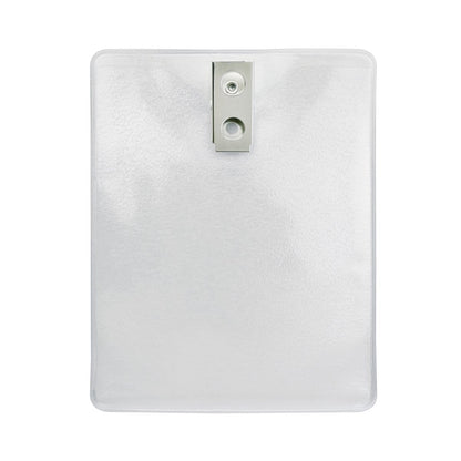 A Clear Vinyl Vertical Military Sized Badge Badge Holder with Clip 3 7/8 X 2 3/4 Inch Insert (1810-1400) is centered against a white background.