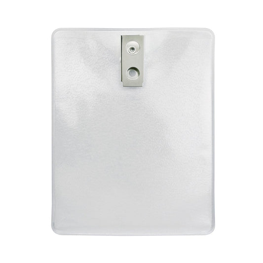 A Clear Vinyl Vertical Military Sized Badge Badge Holder with Clip 3 7/8 X 2 3/4 Inch Insert (1810-1400) is centered against a white background.
