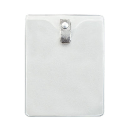 A Clear Vinyl Vertical Military Sized Badge Holder with Clip 3 7/8 X 2 3/4 Inch Insert (1810-1400) with a 2-hole clip at the top, perfectly designed for government-sized IDs.