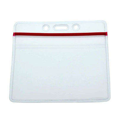 A Heavy Duty Clear Vinyl Horizontal Badge Holder With Resealable Zip Top (1815-1010) made of clear plastic with a resealable zip top closure and three punch holes for easy attachment to a lanyard, perfect for securing your ID credentials.