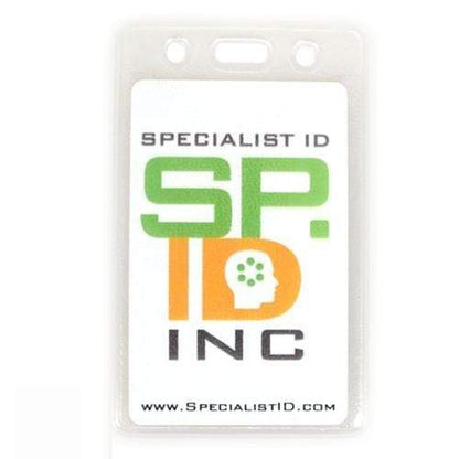A white badge with "SPECIALIST ID INC" in black text and a logo of "SP.ID" in green and orange, featuring a head with gear symbols inside it. The Vertical Heavy Duty Vinyl ID Badge Holder with Reinforced Edges and Orange Peel Texture (1815-1100) boasts reinforced edges, and the website "www.specialistid.com" is printed at the bottom.