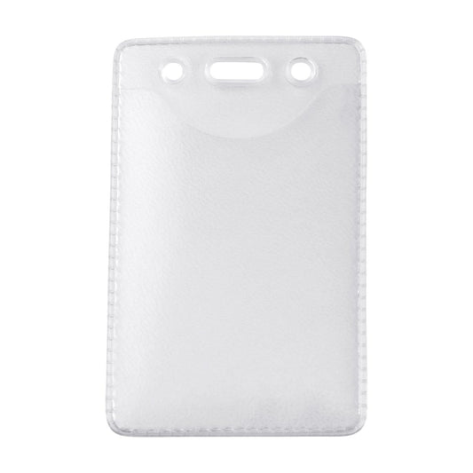 Clear Vinyl Anti-Static Vertical Badge Holder 1815-1101 with two circular holes and one oval hole at the top, designed for attaching to lanyards or clips. This anti-static badge holder ensures your ID remains pristine and easy to display.