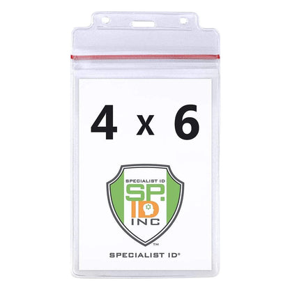 Clear 4x6 resealable vertical badge holder with red zip-lock top and slot holes