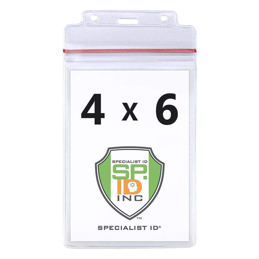 Clear 4x6 resealable vertical badge holder with red zip-lock top and slot holes