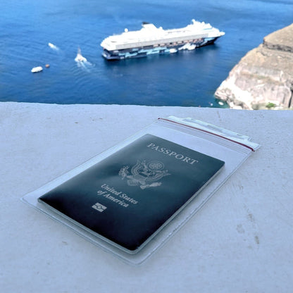 Clear 4x6 resealable passport holder with cruise ship in background