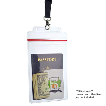 Clear 4x6 resealable holder with passport, cash, and card inside