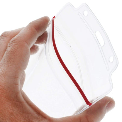 Close-up of clear 4x6 resealable badge holder with red zip-lock closure