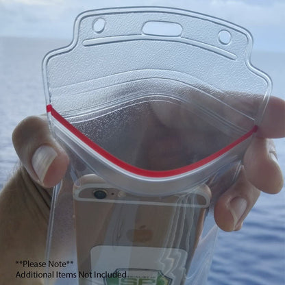 Clear 4x6 travel credential holder with phone and cash shown inside