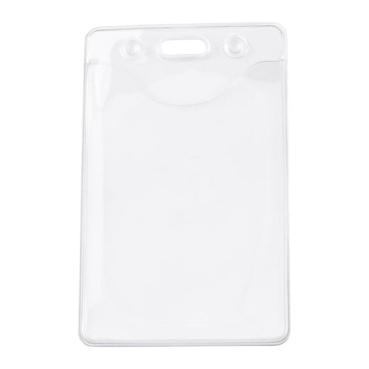 A clear, phthalates-free Earth Friendly Vertical Badge Holder 1815-1120 featuring two holes and a slot at the top for easy attachment.