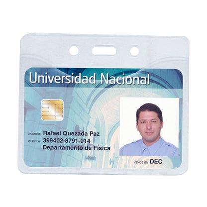 A university ID badge for Universidad Nacional, featuring a photo, the name Rafael Quezada Paz, ID number, department of physics, and a magnetic chip on the left. The Earth Friendly Horizontal Badge Holder 1815-1121 is designed to be phthalates free for safety.