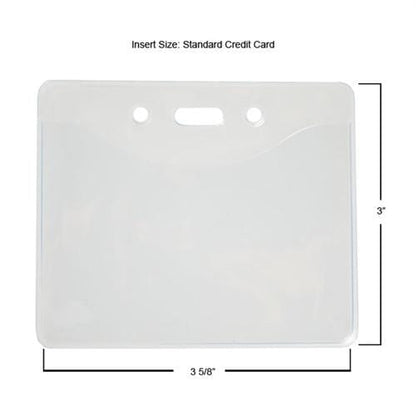 Clear, earth-friendly PureClear Earth Friendly Horizontal ID Badge Holder 1815-1123 made from PVC-free EVA with two holes and a rectangular slot for attaching a lanyard. Dimensions are 3 inches in height and 3 5/8 inches in width. Suitable for standard credit card size inserts.