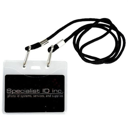 A PureClear Earth Friendly Horizontal ID Badge Holder 1815-1123, with a black lanyard and metal clasps. The badge holder displays the text "Specialist ID inc. photo id systems, services, and supplies.