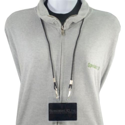 A person wearing a grey zip-up jacket with a visible green logo and a badge on a PureClear Earth Friendly Horizontal ID Badge Holder 1815-1123 attached to a black lanyard.