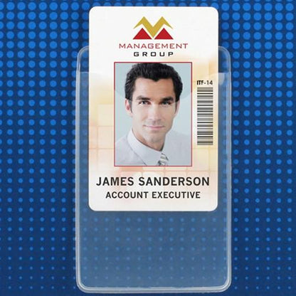 ID badge for "James Sanderson, Account Executive" from Management Group, displaying a credit card size photo ID card with a barcode and an ID number "ITF-14" on a geometric blue background, encased in a clear EVA material PureClear Vertical Badge Holder (P/N 1815-1124).