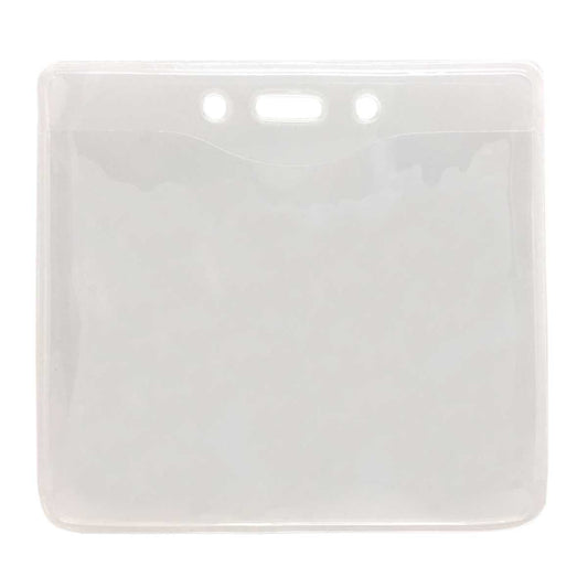 Clear PureClear Horizontal 4X3 Badge Holder (P/N 1815-1125) with reinforced slots for attaching a lanyard or clip. The ECO-friendly holder is designed to fit credit card size photo IDs and is empty.