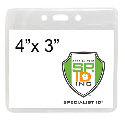 A Clear PureClear Horizontal 4X3 Badge Holder (P/N 1815-1125) with the dimensions "4" x 3" printed on it. The ECO-friendly badge holder features the logo of "Specialist ID Inc" in the center.