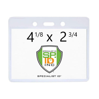 A Clear Vinyl Horizontal Military Card Size Badge Holder (P/N 1815-1200) displaying the "Specialist ID, INC" logo with dimensions 4 1/8 inches by 2 3/4 inches printed prominently above the logo, ideal for holding government/military cards.