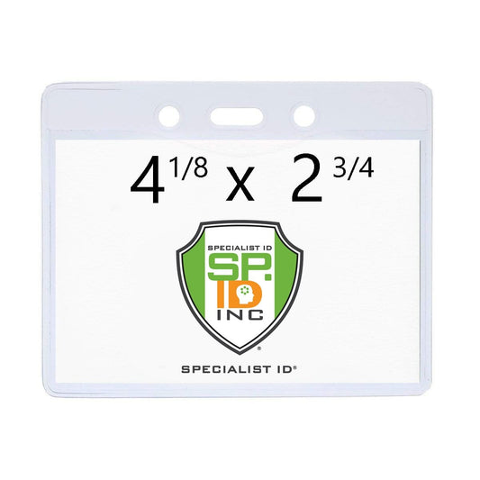 A Clear Vinyl Horizontal Military Card Size Badge Holder (P/N 1815-1200) displaying the "Specialist ID, INC" logo with dimensions 4 1/8 inches by 2 3/4 inches printed prominently above the logo, ideal for holding government/military cards.
