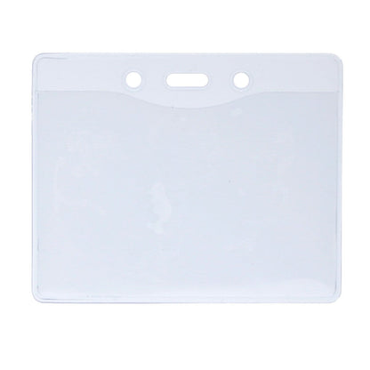 A Clear Vinyl Horizontal Military Card Size Badge Holder (P/N 1815-1200) with three holes at the top for attachment, perfect for securing your government or military card.