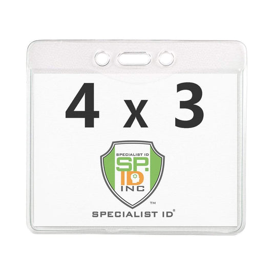 A HEAVY DUTY Textured 4x3 Horizontal Name Badge Holder - Plastic Pass Protector for Conference, Trade Show Events (1815-1400) with "4 x 3" printed above a logo and the text "SPECIALIST ID INC." at the bottom.