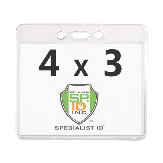 A HEAVY DUTY Textured 4x3 Horizontal Name Badge Holder - Plastic Pass Protector for Conference, Trade Show Events (1815-1400) with "4 x 3" printed above a logo and the text "SPECIALIST ID INC." at the bottom.