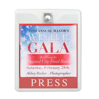 Press pass with a Clear Vinyl Vertical Military Sized Badge Holder with Clip 3 7/8 X 2 3/4 Inch Insert (1810-1400) for the 25th Annual Mayor's Winter Gala, benefiting the Capital City Food Bank, held on Saturday, February 28th. The photographer is Abbey Parker.