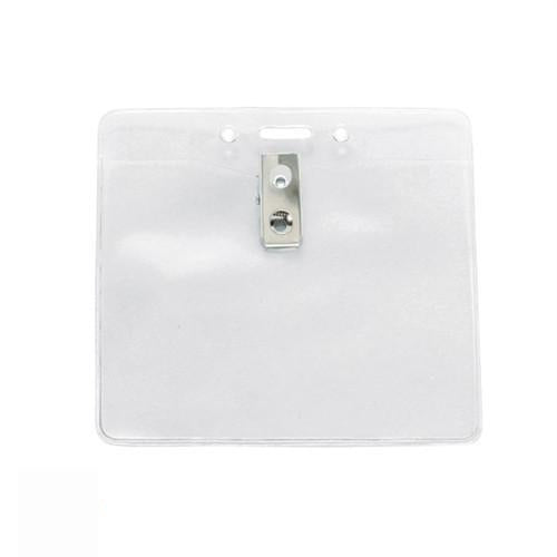 Clear Vinyl Horizontal Badge Holder With Clip And Chain Holes (P/N 1815-1405) with a 2-hole clip & slot.