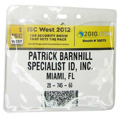 A badge for ISC West 2012 displays the name "Patrick Barnhill," representing "Specialist ID, Inc." from Miami, FL. Held at Sands Expo and Convention Center, it's perfectly secured in a Clear Vinyl Horizontal Badge Holder With Clip And Chain Holes (P/N 1815-1405).