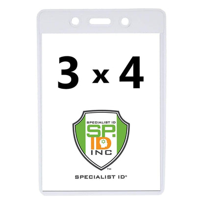 A Heavy Duty 3 X 4 Name Badge Holder - 3x4 Vertical Textured Convention Conference Card Protector (P/N 1815-1450) featuring two holes at the top. It displays a 3"x 4" insert with a shield logo and the text "Specialist ID SP INC" below it.