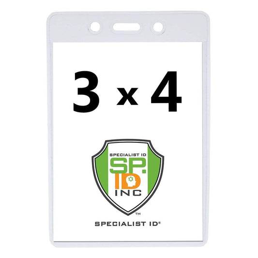 A Heavy Duty 3 X 4 Name Badge Holder - 3x4 Vertical Textured Convention Conference Card Protector (P/N 1815-1450) featuring two holes at the top. It displays a 3"x 4" insert with a shield logo and the text "Specialist ID SP INC" below it.