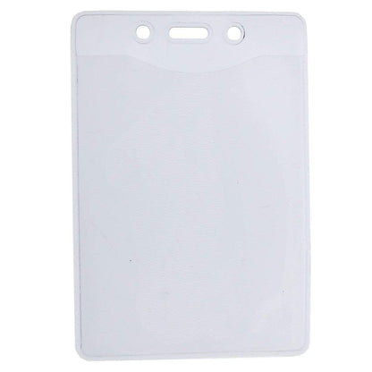 A durable vinyl ID card holder with three punched holes at the top for lanyard or clip attachment, designed to fit a 3"x 4" insert—ideal as a Heavy Duty 3 X 4 Name Badge Holder - 3x4 Vertical Textured Convention Conference Card Protector (P/N 1815-1450).