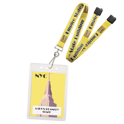 Yellow staff badge with a lanyard featuring the words "Empire State Building." The durable vinyl badge displays an image of the Empire State Building and the name "Aaron Danley." It fits perfectly in a Heavy Duty 3 X 4 Name Badge Holder - 3x4 Vertical Textured Convention Conference Card Protector (P/N 1815-1450).