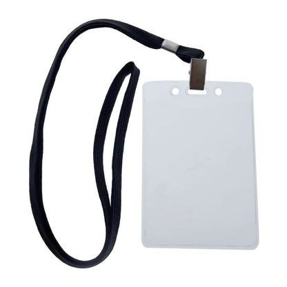 A durable vinyl ID badge holder attached to a black lanyard with a metal clip, perfect as a Heavy Duty 3 x 4 Name Badge Holder - 3x4 Vertical Textured Convention Conference Card Protector (P/N 1815-1450).