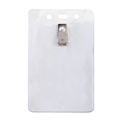 Clear Vinyl Vertical Badge Holder With 2-Hole Clip (P/N 1815-1455), designed to attach to clothing. This top-load insert holder measures 3"x4" and ensures your ID stays visible and secure.