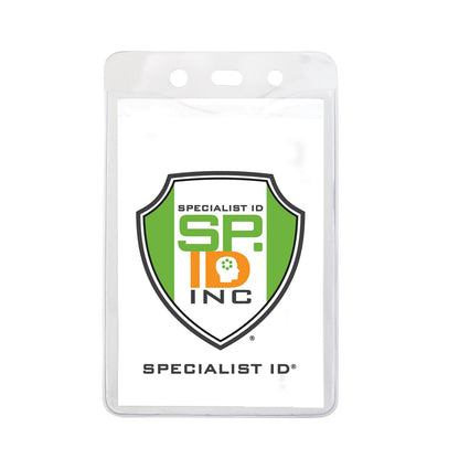 A Clear Vinyl Vertical Badge Holder With 2-Hole Clip (P/N 1815-1455) displays a badge with a green and orange shield logo and the text "SPECIALIST ID SP-ID INC." and "SPECIALIST ID" underneath, featuring a double hole clip and top load insert size 3"x4".