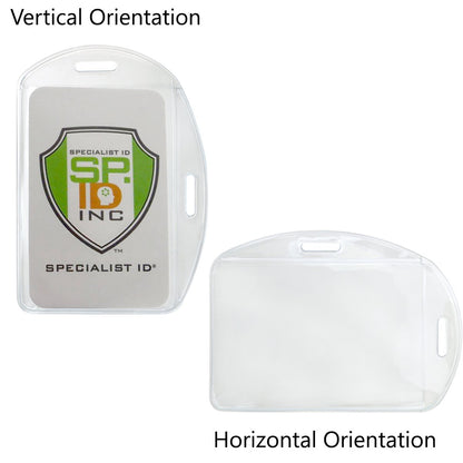 Two ID badge holders are shown: one for vertical orientation with a specialist ID card inside and one for horizontal orientation that is empty. These Vertical / Horizontal Durable Clear Vinyl ID Badge Holders (1815-1600) are ideal for a professional workplace environment.