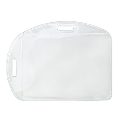 Clear, empty rectangular plastic badge holder with two elongated holes for attaching to lanyards, ideal for a professional workplace environment. Durable and versatile, it offers secure protection similar to Vertical / Horizontal Durable Clear Vinyl ID Badge Holders (1815-1600) used for ID badge holders.