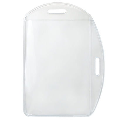 Vertical / Horizontal Durable Clear Vinyl ID Badge Holders (1815-1600) with a smooth surface, rounded top edges, and two cutout handles—one on the top and one on the side—ideal for a professional workplace environment.