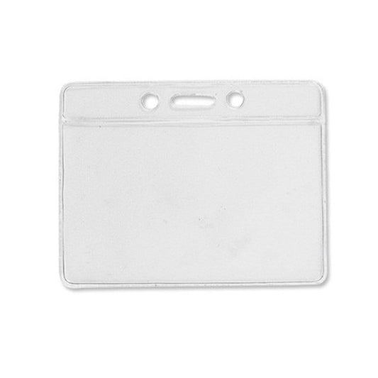 A Standard Horizontal Vinyl ID Badge Holder (1820-1000), transparent horizontal vinyl ID badge holder with three holes at the top for attachment, perfectly sized to fit a credit card sized ID card.