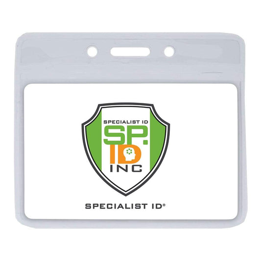 A Standard Horizontal Vinyl ID Badge Holder (1820-1000) displaying the "Specialist ID Inc" logo, which features a shield with green, orange, and white colors. It's perfect for holding a credit card-sized ID card or photo ID card securely.
