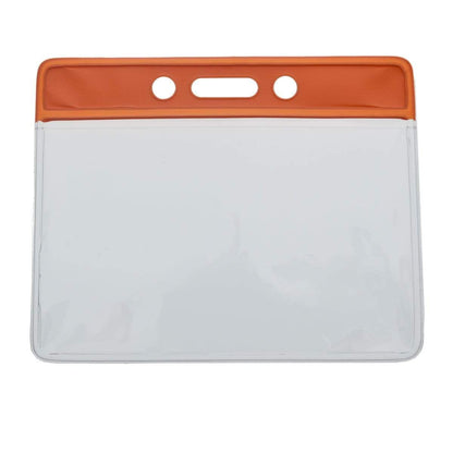 A Horizontal Vinyl Badge Holder with Orange Color Bar Top - Great for Color Coding Access and ID (1820-100X), featuring two circular holes and a handle cut-out for easy carrying—perfectly color-coded for quick organization.