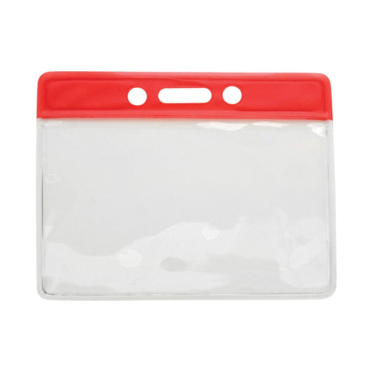 A Horizontal Vinyl Badge Holder with Red Color Bar Top - Great for Color Coding Access and ID (1820-100X), featuring two round holes and a rectangular slit for effortless attachment.