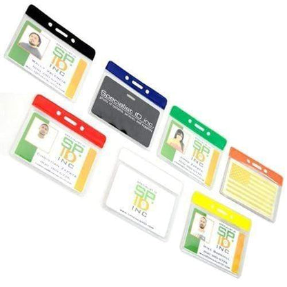 A collection of ID badges with Horizontal Vinyl Badge Holder with Color Bar Top - Great for Color Coding Access and ID (1820-100X) displaying individuals' photos and names. Sold by Specialist ID.