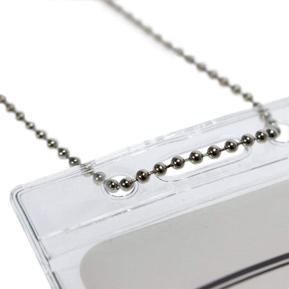 Close-up of a Standard Vertical Vinyl ID Badge Holder (1820-1050), showcasing its durability, attached to a metallic ball chain lanyard. Perfectly sized for a credit card ID.