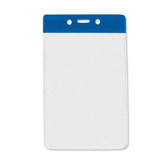 The Vertical Color Code Badge Holder - Badge Size Vinyl Sleeve ID Sleeve with Color Bar (1820-105X) features a blue top and three holes for attaching to a lanyard. This vertical vinyl badge holder is empty, showcasing a blank white insert space perfect for your ID card.